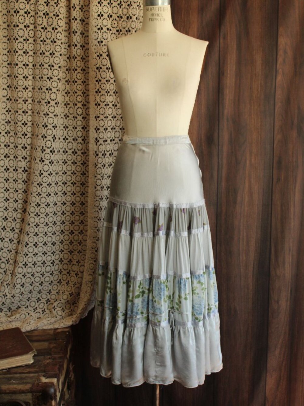 Vintage 1960s 1970s Skirt, Tea Length Silver Silk and Floral Print with Tiered R - Picture 2 of 10
